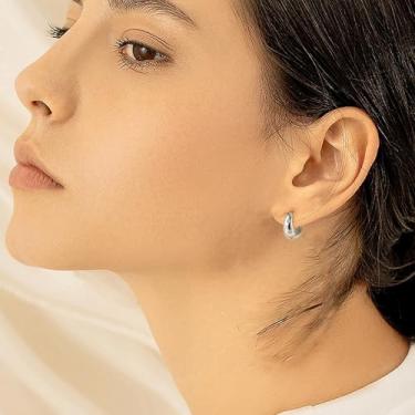 Imagem de Brincos de argola pequenos e grossos dourados delicados 14 quilates aros grossos modernos de ouro prateado brincos de argola leves e grossos para mulheres, 12MM, Cobre, Sem pedra preciosa