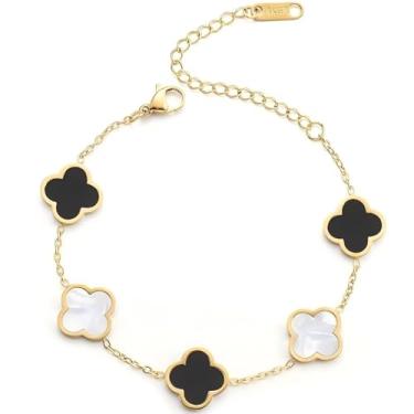 Imagem de CJL CANKIRA Pulseira feminina com pingente de trevo banhado a ouro 18 K - joia de trevo de quatro folhas, presente moderno para ela em aço inoxidável, conjunto de presente, Medium, Aço inoxidável