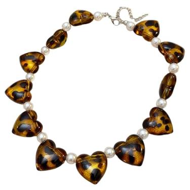 Imagem de Colar gargantilha feminina com contas de coração com estampa de leopardo – Colar de corrente ajustável de coração volumoso de resina grossa, corrente de pérolas falsas, joias artísticas modernas para