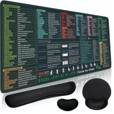 Imagem de 4 peças Excel Shortcut Keys Mouse Pad - 80 cm x 30 cm Grande XL Office Keyboard Mat, PC Spreadsheet Keyboard Mat, Office Keyboard Shortcuts Mouse Pad, Borda costurada antiderrapante