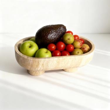 Imagem de Axiqunel Tigela oval de travertino natural de 25 cm com pedestal de duas pernas tigela decorativa grande para balcão de cozinha, mesa de jantar e decoração de entrada