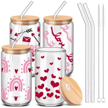 Imagem de SiliFine 4 peças de copos de vidro para dia dos namorados com tampa e canudo 473 ml, copos de café gelado Be Mine, copo de caneca para Dia dos Namorados, mulheres, homens, festa de aniversário