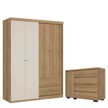 Imagem de Guarda Roupa Solteiro Star 4 Portas Capuccino Off White e Cômoda com P