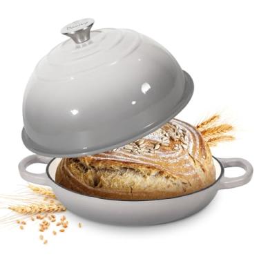 Imagem de Davivy Forma de pão de ferro fundido com tampa de 5,5 qt, forno holandês para pão de fermento, assadeira redonda de ferro fundido de 25 cm com tampa - cinza claro