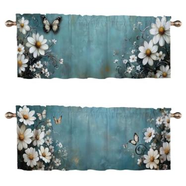 Imagem de Conjunto de 2 cortinas de cozinha margaridas brancas azul-petróleo para janelas flores florais borboleta bolso para varão, cortinas decorativas para janela pequena para café, sala de estar, banheiro