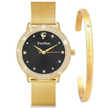 Imagem de Afcrho Relógio feminino - Relógio analógico de cristal de aço inoxidável com pulseira - dourado preto