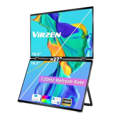 Imagem de Virzen Extensor de tela tripla 120hz 47.0 cm portátil FHD 1080p monitor dobrável empilhado de viagem rotação automática para laptop, PC, suporte VESA montável (sem driver)