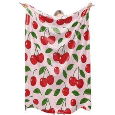 Imagem de zbezbe Cobertor de flanela de cereja vermelha e folha de frutas e fundo rosa, cobertores leves 152 x 127 cm, estampa de um lado para sofá, cama, cozinha, decoração de verão, presentes para adultos