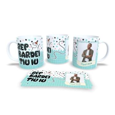 Imagem de Caneca Cerâmica Decorativa Parabéns Amiga, Design Listrado Pastel com Ilustrações, 325ml, Presente para Aniversário (17914)