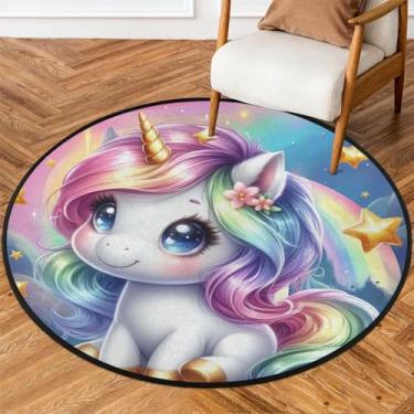 Imagem de Tapete redondo de 1,8 m, unicórnios brilhantes fofos, tapetes de área de círculo macio, antiderrapante, lavável, tapete circular para quarto, berçário, sala de estar, cozinha, banheiro, entrada