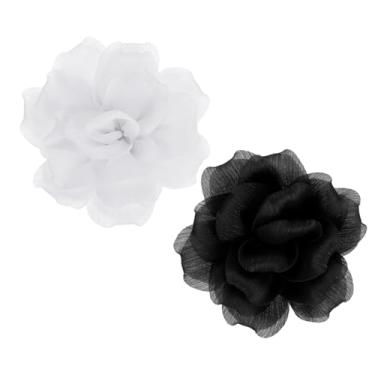 Imagem de PATIKIL 2 peças broche de flor de tecido de cetim grande de 12 cm para mulheres broches florais elegantes de organza para casamento, dança, festa, roupas, vestido, chapéu, acessórios, preto, branco
