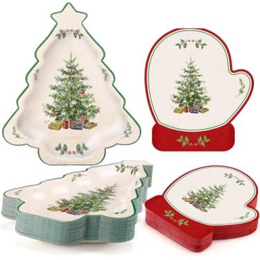 Imagem de Maxdot Conjunto de 100 peças de utensílios de jantar de árvore de Natal, pratos e guardanapos de papel de Natal, descartáveis, sobremesa, jantar, salada, pratos, luvas, guardanapos para Natal, inverno