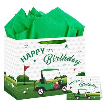 Imagem de Hooqict Saco grande de presente de golfe, saco de embrulho de festa de aniversário com alças, papel de seda, cartões comemorativos para crianças, meninos, homens, lembrancinhas de festa
