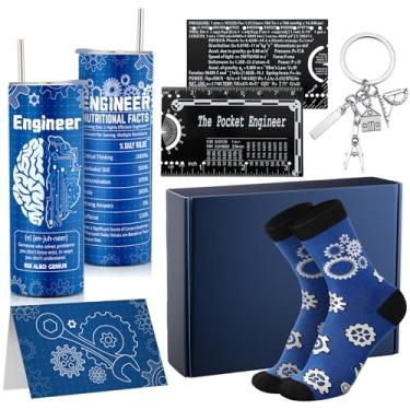 Imagem de Geiserailie O conjunto de presentes de engenheiro inclui copo de copo, régua de engenharia, meias, chaveiro, cartão de felicitações, caixa de presente para estudantes de engenharia mecânica, formatura