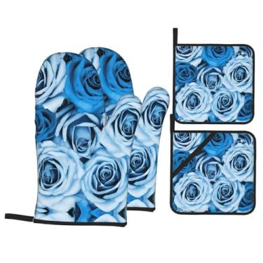 Imagem de Conjunto de luvas de cozinha com estampa de rosa turquesa com suportes de tampa, luvas de forno resistentes ao calor para manusear panelas quentes, grelhar, churrascos, kit de 4 peças.