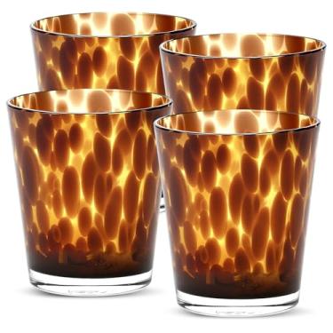 Imagem de Honeydak Conjunto de 4 copos de pedra marrom com estampa de leopardo tartaruga, 293 ml, copos estilosos, sem haste, copos de vidro para copos de vidro, ideal para gim, tequila, vodca, refrigerantes