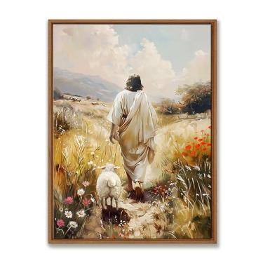 Imagem de WENGTIAO Arte de parede em tela emoldurada Jesus e Cordeiro O Cordeiro Perdido Imagens Impressão Cristã Pastor Caminhada no Caminho de Flores Silvestres Pôster Bíblia Arte Religiosa para Sala de