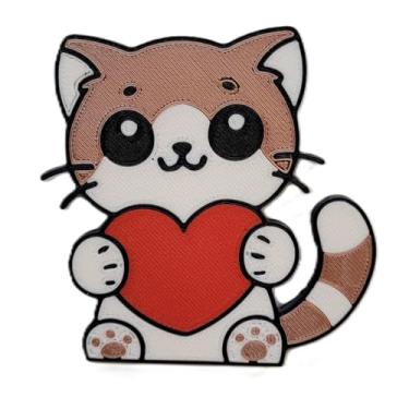 Imagem de Ímã de gato de Dia dos Namorados – Presente fofo e adorável de gatinho segurando o coração por Znet3D – Variantes marrom, prata, laranja – Ímã de gato "Purrfect Love" (marrom)