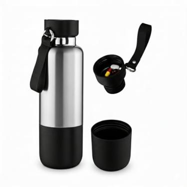 Imagem de Valori Home Garrafa Térmica Inox 500ml, 3 em 1 com Copo e Porta Comprimidos, Parede Dupla a Vácuo, Antivazamento, Aço Inoxidável 304, 26cm, Preto