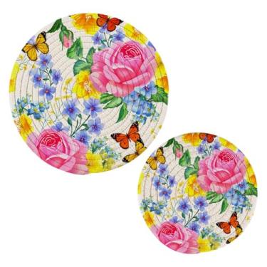 Imagem de Wassud Conjunto de trivet com padrão floral de borboletas para pratos quentes, suportes de panela redondos, almofadas quentes de algodão, porta-copos resistentes ao calor para decoração de cozinha