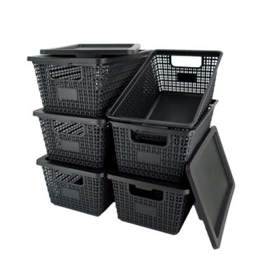 Imagem de NUMIFUN Caixas de armazenamento com tampas, conjunto de 6, design de tecido empilhável, recipientes de plástico preto com alças fáceis de puxar, aro interligado, caixas de armazenamento empilháveis