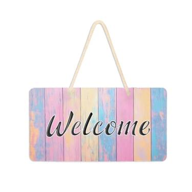 Imagem de Burbuja Placa de boas-vindas de madeira pastel colorida para porta da frente, placa de boas-vindas de PVC para decoração de férias, 15 x 28 cm