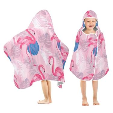 Imagem de Burbuja Flamingos Toalha de banho com capuz de folhas tropicais para crianças, toalha de praia de pelúcia macia absorvente para meninas e meninos 3-10 anos, 61 x 127 cm