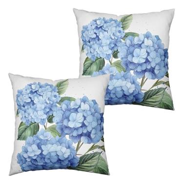 Imagem de Kwlegh Capas de almofada de hortênsia azul 61 x 61 conjunto de 2 capas de almofada decorativas primavera verão capa de almofada de linho de algodão quadrada para sala de estar ao ar livre sofá