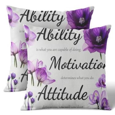Imagem de Wknoon Conjunto de capas de almofada de linho de 45,7 x 45,7 cm (pacote com 2) - citação inspiradora sobre atitude de motivação de habilidade, capa de almofada de sofá floral roxa abstrata, decoração