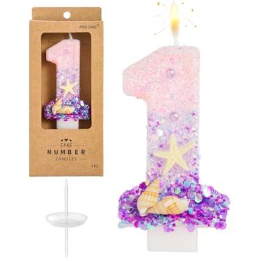 Imagem de PHD CAKE Número 1 velas roxas de aniversário na praia, celebração de festa