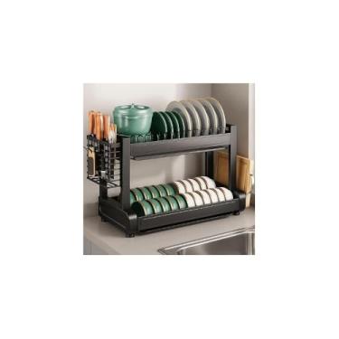 Imagem de Escorredor de Louças 2 Andares Multifuncional, Preto Fosco, Metal e Plástico, 43x27x33.5cm, com Suportes para Talheres e Utensílios