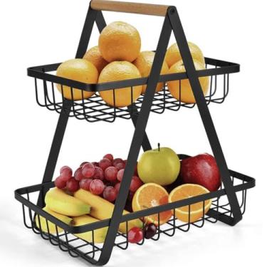 Imagem de Fruteira de Mesa Dupla em Metal e Madeira com Dois Andares, Design Moderno, Estrutura Resistente, Organização Funcional e Ventilação Ideal para Cozinha, Sala de Jantar e Área Gourmet