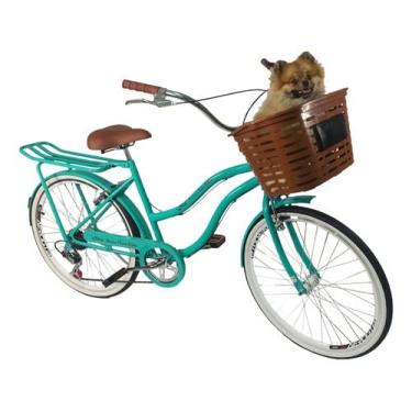 Imagem de Bicicleta Retrô Aro 26 Adulto Cesta Plástico 6v Verde Água