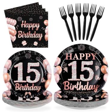Imagem de Greencian 96 peças de decorações de aniversário de 15 anos para meninas, ouro preto e rosa, 15º pratos e guardanapos, descartáveis, ouro rosa, conjunto de utensílios de mesa para meninas de 15 anos