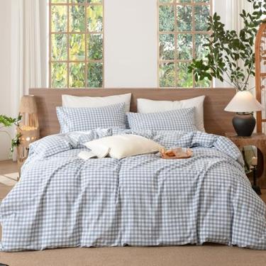 Imagem de MooMee Conjunto de capa de edredom guingão 100% algodão lavado, linho, texturizado, respirável, durável, macio, confortável, moderno design xadrez (azul azul-centáurea guingão, super king, 274 x 248