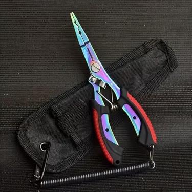 Imagem de Alicate de pesca multifuncional de aço inoxidável com nariz curvado em gancho, cortador de linha de anel aberto e prensagem de chumbo, antiderrapante, vermelho