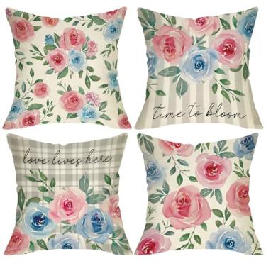 Imagem de Fjfz Capas de almofada decorativas primavera verão flor rosa 45 x 45 conjunto de 4, aquarela rosa azul floral amor vive aqui varanda decoração de casa, casa de fazenda Buffalo listras xadrez sofá sofá