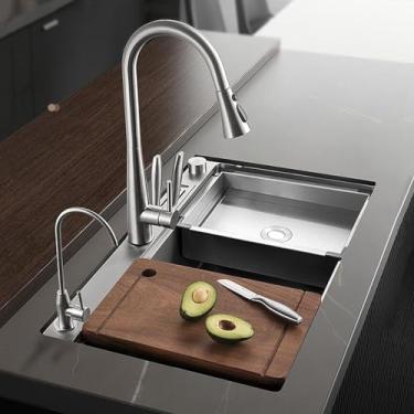 Imagem de Pia de estação de trabalho, pia moderna, pia embutida de fazenda, pia nano de aço inoxidável, pia de cachoeira, pia de cozinha de tigela única de gota, com torneira removível, suporte de faca (78 * 50