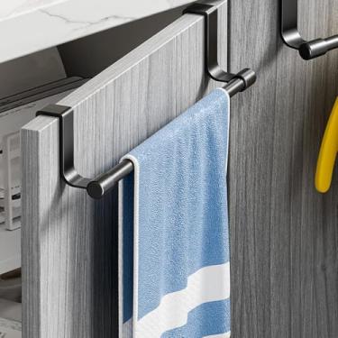 Imagem de Toalheiro de aço inoxidável sobre porta, suporte universal de cozinha para toalha de porta de armário, 23,5 x 6,6 cm (preto)
