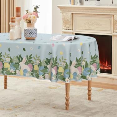 Imagem de Horaldaily Toalha de mesa oval de Páscoa, 152 cm x 213 cm, ovos, coelhos, anêmona, flores, folhas, samambaias, lavável, capa de mesa sazonal para decoração de festa, piquenique, jantar