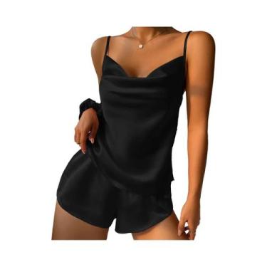 Imagem de Conjunto De Pijama Feminino Em Cetim Liso Com Top Cami Decote Em V E S