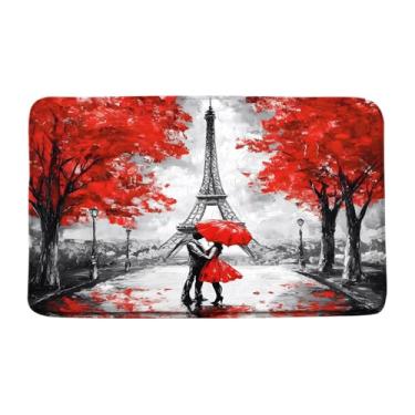 Imagem de KDYDK Torre Eiffel Tapete de banho romântico casal amante vermelho cinza Paris cidade rua árvore pintura a óleo retro francês edifício memória espuma tapete decoração quarto capacho