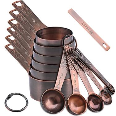 Imagem de Smithcraft Conjunto de copos e colheres medidores de cobre, aço inoxidável banhado a cobre, 6 copos de medição métricos e dos EUA e 7 colheres com nivelador para assar e cozinha