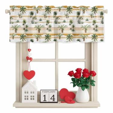 Imagem de Cortinas curtas para janelas, palmeiras, aquarela, bolso de varão, cortinas curtas de cozinha para quarto, banheiro, sala de estar, plantas tropicais de verão vintage, tratamento de janela pequena, 1