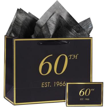 Imagem de momoake Bolsa de presente de aniversário de 60 anos com cartão e papel de seda para homens e mulheres, 1965 60 anos 33 cm elegante ouro preto lembrança festa presente compras sacos de papel para