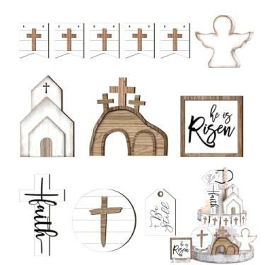 Imagem de Decorações De Bandeja De Páscoa | Símbolos Religiosos de Cruz para Mesa | 12 Peças de Placas Decorativas para Mesa - para Prateleira Sala de Estar Quarto Lareira Igreja Entrada