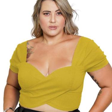 Imagem de Cropped Transpassado Com Manga Alfaiataria Plus Size Cor:Amarelo Canár