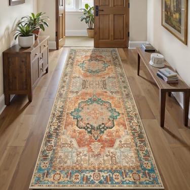 Imagem de Tangsoo Tapete de corredor lavável de 6 x 20 cm para corredores, tapete de corredor vintage antiderrapante, tapete longo macio de pilha baixa, tapete laranja envelhecido para cozinha, quarto, entrada