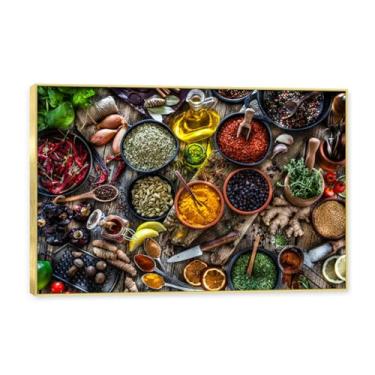 Imagem de NHLDZYH Moldura dourada. Tela decorativa cozinha, arte vintage especiarias coloridas, arte de parede quadros para sala de estar quarto cozinha. C92. 50x75cm