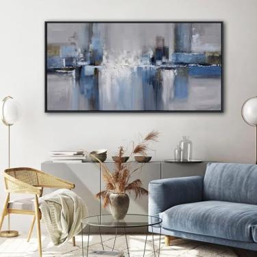 Imagem de Mofutinpo Arte de parede em tela abstrata para sala de estar - Arte moderna azul para paredes, imagens de arte de parede, decoração de arte grande para quarto ou acima da cama, escritório, pinturas de